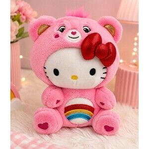 Hello Kitty x Care Bears Cheer Bear Plush 8” Pink Rainbow Basic Fun Sanrio 2023